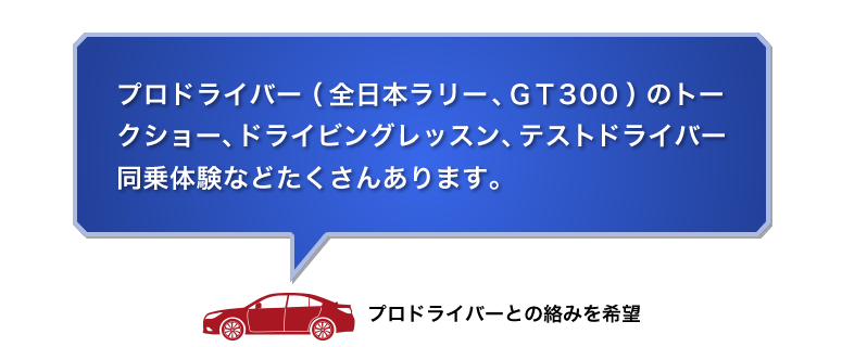 プロドライバーとの絡みを希望｜プロドライバー（全日本ラリー、ＧＴ３００）のトークショー、ドライビングレッスン、テストドライバー同乗体験などたくさんあります。